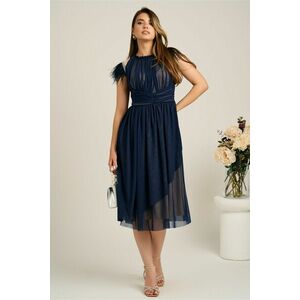 Rochie DY Fashion midi din tull bleumarin in clos cu pene la umeri imagine