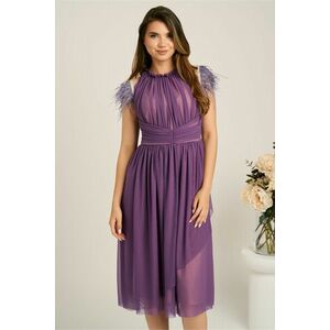 Rochie DY Fashion midi din tull mov in clos cu pene la umeri imagine