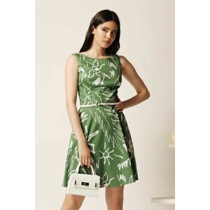 Rochie scurta verde in clos cu imprimeuri albe si curea in talie imagine