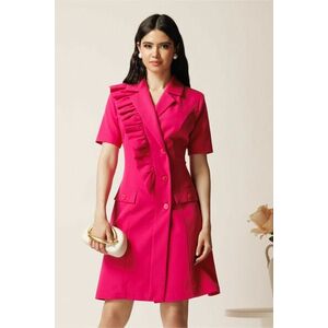 Rochie scurta fucsia din stofa tip sacou cu croi cambrat si volan pe bust imagine