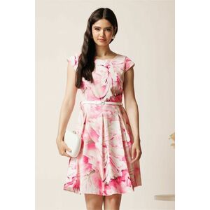 Rochie scurta roz cu flori ivory in clos cu buzunare si curea in talie imagine