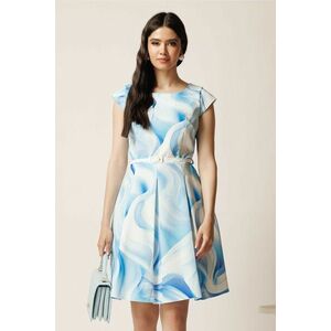 Rochie scurta bleu cu imprimeuri albastre in clos cu buzunare si curea in talie imagine