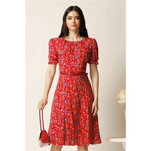 Rochie midi rosie din viscoza in clos cu imprimeuri si curea in talie imagine