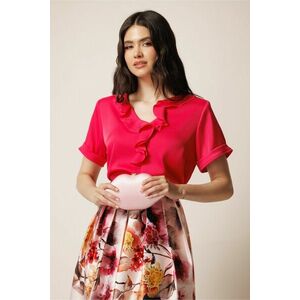 Bluza fucsia din viscoza satinata lejera cu volanas la decolteu imagine
