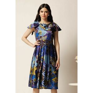 Rochie midi albastra din tafta in clos cu imprimeuri galbene si cordon in talie imagine