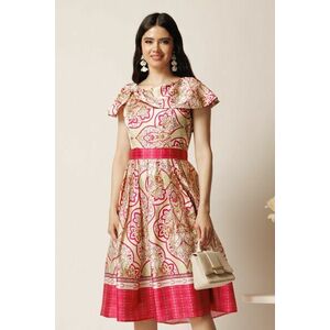 Rochie midi bej din satin in clos cu imprimeuri fucsia si cordon in talie imagine