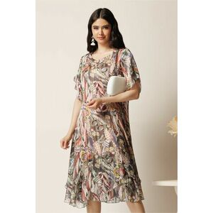 Rochie midi gri din voal in clin cu imprimeu floral roz si volane la baza imagine