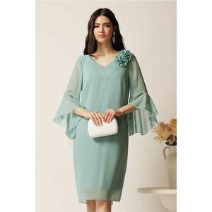 Rochie midi verde mint din voal cu croi drept si strasuri pe maneci- Viada imagine