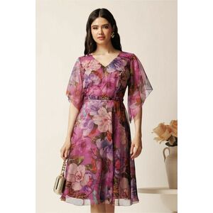 Rochie midi mov din voal in clos cu flori si cordon in talie- Viada imagine