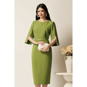 Rochie midi verde fistic din stofa conica cu perle la maneci si in talie- LaDonna imagine