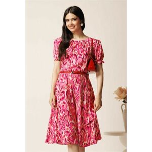 Rochie midi magenta din viscoza in clos cu imprimeuri fucsia si curea in talie imagine