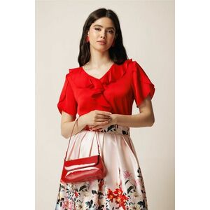 Bluza rosie din voal satinat cu volan la bust imagine