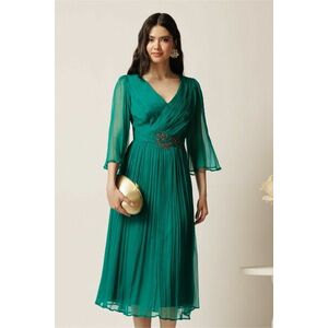 Rochie midi verde din matase naturala in clos cu strasuri in talie- Viada imagine