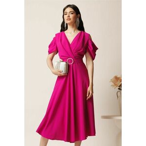 Rochie midi magenta din voal in clos cu decupaje la umeri si cordon in talie- LaDonna imagine