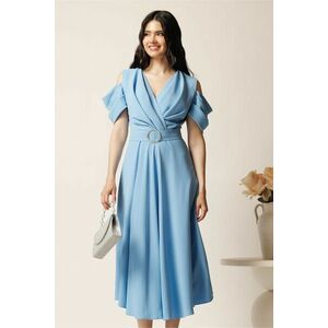 Rochie midi bleu din voal in clos cu decupaje la umeri si cordon in talie- LaDonna imagine