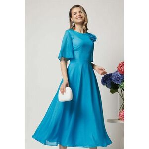 Rochie DY Fashion lunga albastra din voal cu fir lurex in clos cu accesoriu la bust imagine