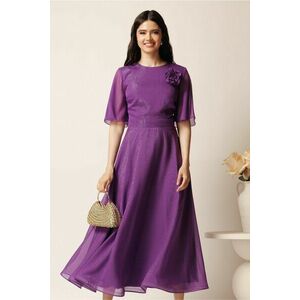 Rochie DY Fashion lunga mov din voal cu fir lurex in clos cu accesoriu la bust imagine