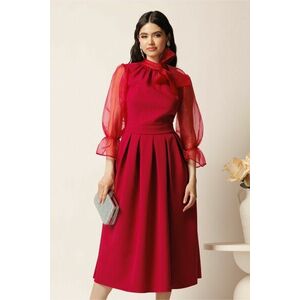 Rochie DY Fashion midi magenta din stofa in clos cu maneci si funda din organza imagine