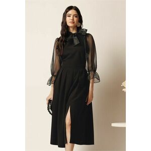 Rochie DY Fashion midi neagra din stofa in clos cu maneci si funda din organza imagine