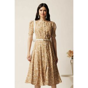 Rochie DY Fashion midi bej in clos cu imprimeuri albe si curea in talie imagine