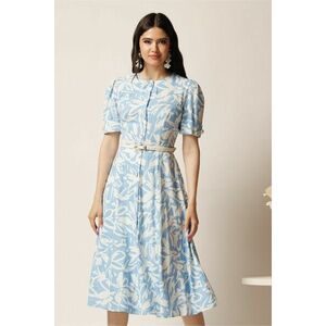 Rochie DY Fashion midi bleu in clos cu imprimeuri albe si curea in talie imagine