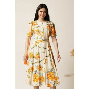 Rochie DY Fashion midi ivory in clos cu imprimeuri portocalii si curea in talie imagine