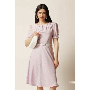 Rochie midi lila din viscoza in clos cu buline si curea in talie imagine