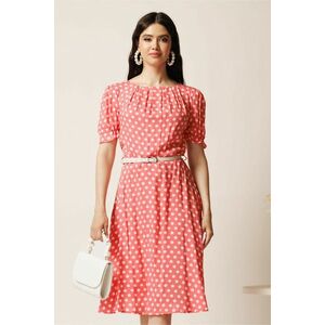 Rochie midi roz din viscoza in clos cu buline si curea in talie imagine