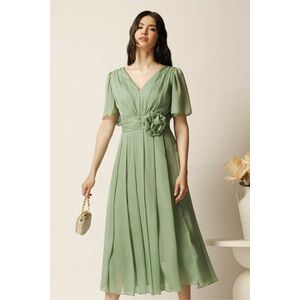 Rochie midi verde deschis din voal clos cu floare in talie- Moze imagine