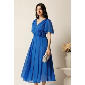 Rochie midi albastra din voal clos cu floare in talie- Moze imagine