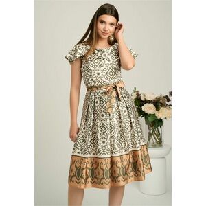Rochie midi bej din satin in clos cu imprimeuri kaki si cordon in talie imagine
