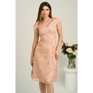 Rochie midi roz din dantela in clini cu pene la umeri imagine