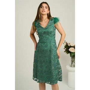 Rochie midi verde din dantela in clini cu pene la umeri imagine