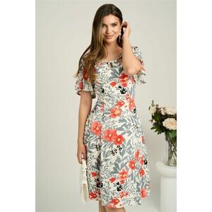 Rochie midi ivory din viscoza in clin cu imprimeu gri-corai si decupaje la decolteu imagine