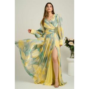 Rochie lunga de ocazie din voal galbena cu imprimeuri verde mint si strasuri in talie imagine