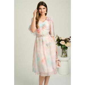 Rochie midi roz din voal cu imprimeuri bleu si floare maxi pe bust- Viada imagine