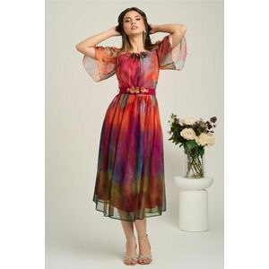 Rochie midi orange din voal in clos cu imprimeuri fucsia si cordon in talie- Viada imagine