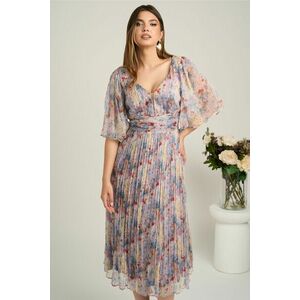 Rochie midi bleu din matase naturala cu imprimeuri florale lila- Viada imagine