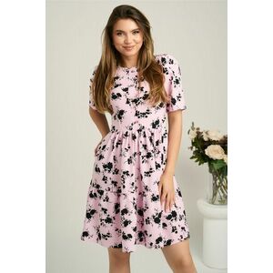 Rochie scurta roz din voal in clos cu imprimeu floral negru- Moze imagine
