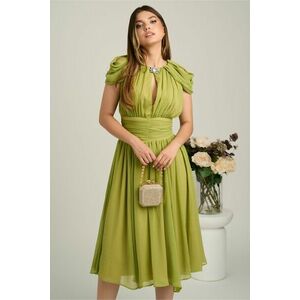 Rochie DY Fashion midi verde lime din voal in clos cu accesoriu si decupaj la decolteu imagine