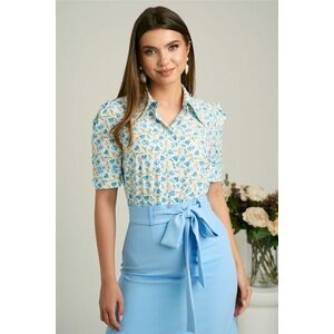 Camasa DY Fashion alba cu flori bleu din voal si maneci scurte imagine