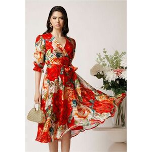 Rochie midi rosie cu trandafiri din voal in clos cu cordon in talie imagine