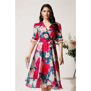 Rochie midi fucsia cu trandafiri din voal in clos cu cordon in talie imagine