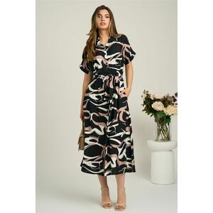 Rochie midi neagra cu bej din viscoza in clini cu nasturi si cordon in talie imagine