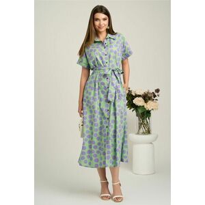 Rochie midi verde cu buline lila din viscoza in clini cu nasturi si cordon in talie imagine