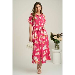Rochie midi fucsia cu flori albe din viscoza in clini cu nasturi si cordon in talie imagine