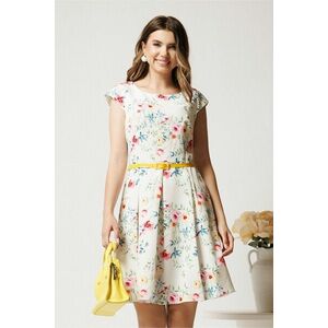 Rochie scurta alba in clos cu flori galbene si curtea in talie imagine