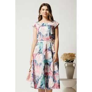 Rochie midi turcoaz cu roz in clos cu buzunare si curea in talie imagine