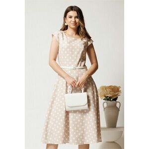 Rochie midi bej cu buline in clos cu buzunare si curea in talie imagine