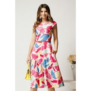 Rochie midi bej cu imprimeu fucsia si galben in clos cu buzunare si curea in talie imagine